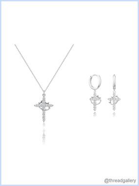 Crown Cross Necklace Earring Set Titanium Steel 18 in Extender Pearl Crucifix